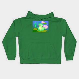 bright cheerful frog on a pond with lilies Kids Hoodie